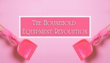 pink background. title. pink glove hands holding dustpans.